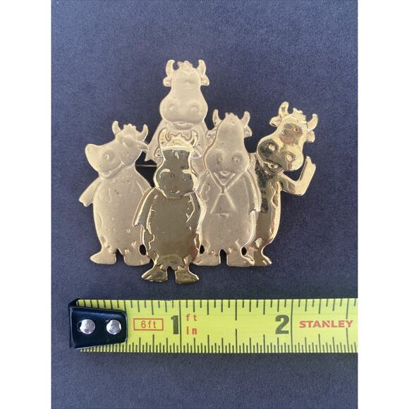 Vintage JJ Jonette 1980s Happy Cows Bulls Brooch Pin Copper/Gold Tone 2.23" - Picture 4 of 4